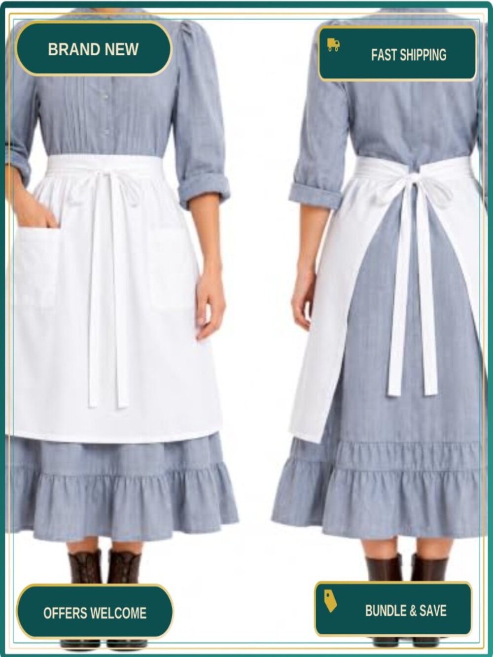 Vintage Cotton Half Apron with Pockets Ruffled Waist Maid Cosplay